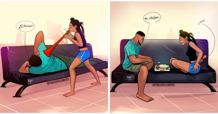 Intricate pencil sketch by Emmanuel Apraku depicting a couple sharing a loving moment, celebrating diversity and the beauty of relationships