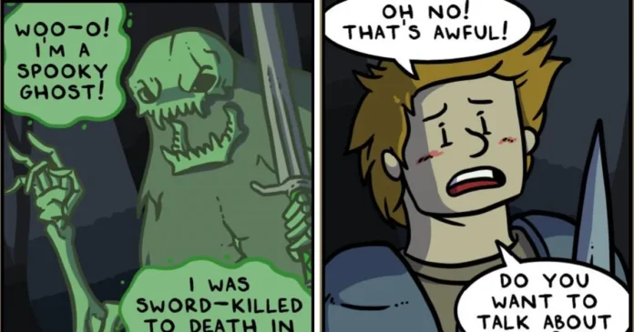 Mathew Wills showcasing artwork from Swords Comic, a vibrant and humorous webcomic series adored by fans.