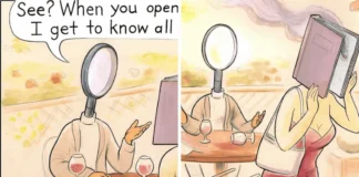 18 PBF Comics That Find the Absurd in Everyday Life A magnifying-glass-headed diner tells a book-headed date that opening up reveals everything, prompting the book to cover its face.