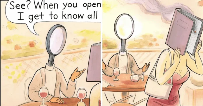 A magnifying-glass-headed diner tells a book-headed date that opening up reveals everything, prompting the book to cover its face.