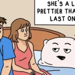 20 Walk the Fish Comics That Turn Everyday Life Into Absurd Humor A couple sit on a bed beside a talking memory foam pillow, which boasts that the new pillow is prettier than the last one