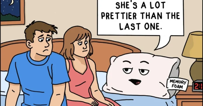 A couple sit on a bed beside a talking memory foam pillow, which boasts that the new pillow is prettier than the last one