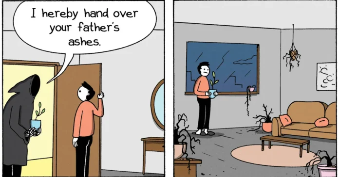 The Grim Reaper notices toilet paper stuck to a man's shoe, who thanks him, while the reaper checks a list.