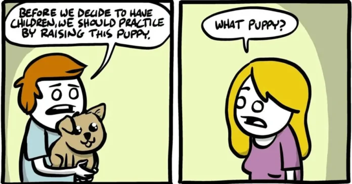 A man suggests raising a puppy before having children, while his partner reacts to the puppy-related reveal.