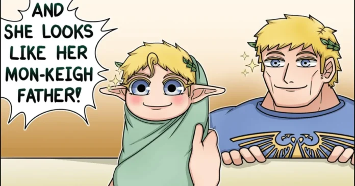 A silver-haired elf in a hospital bed holds a bundled newborn, followed by a smiling blond elf beside a baby with matching features.