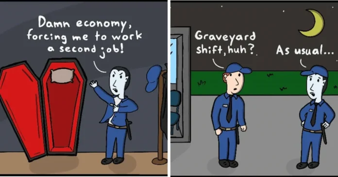 A vampire complains about needing a second job, then his graveyard-shift colleague disappears as dawn approaches.