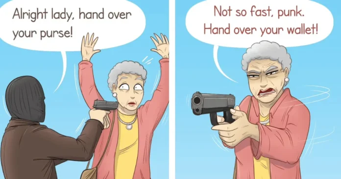 Absurd comic where a pigeon and an armed sun interrupt a street robbery to demand that everyone calm down.