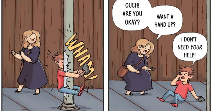 A comic shows a person colliding with a pole, asking ChatGPT what to do, and receiving upbeat advice about standing up and crushing physics goals.