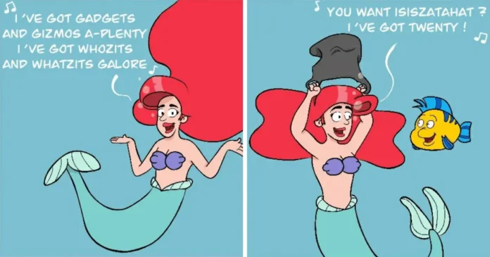A red-haired mermaid sings underwater with a yellow fish nearby, then a dark object lands on her head as sea creatures swarm around her.