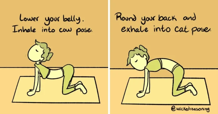 A person demonstrates cow and cat yoga poses before the comic cuts to a tabletop role-playing game.