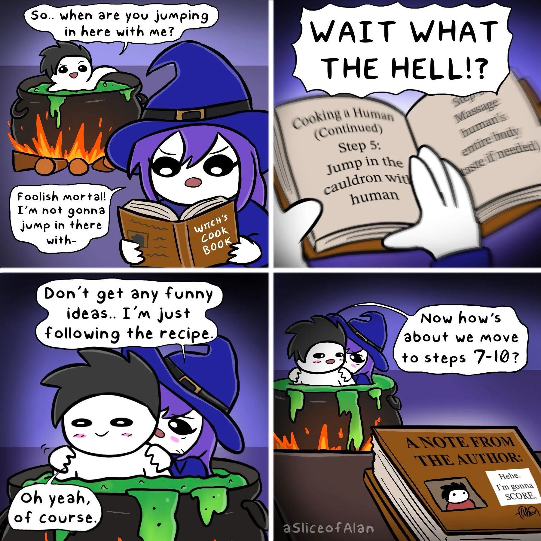 A purple-haired witch reads a cookbook beside a bubbling cauldron, then realizes the recipe tells her to jump in with the human.