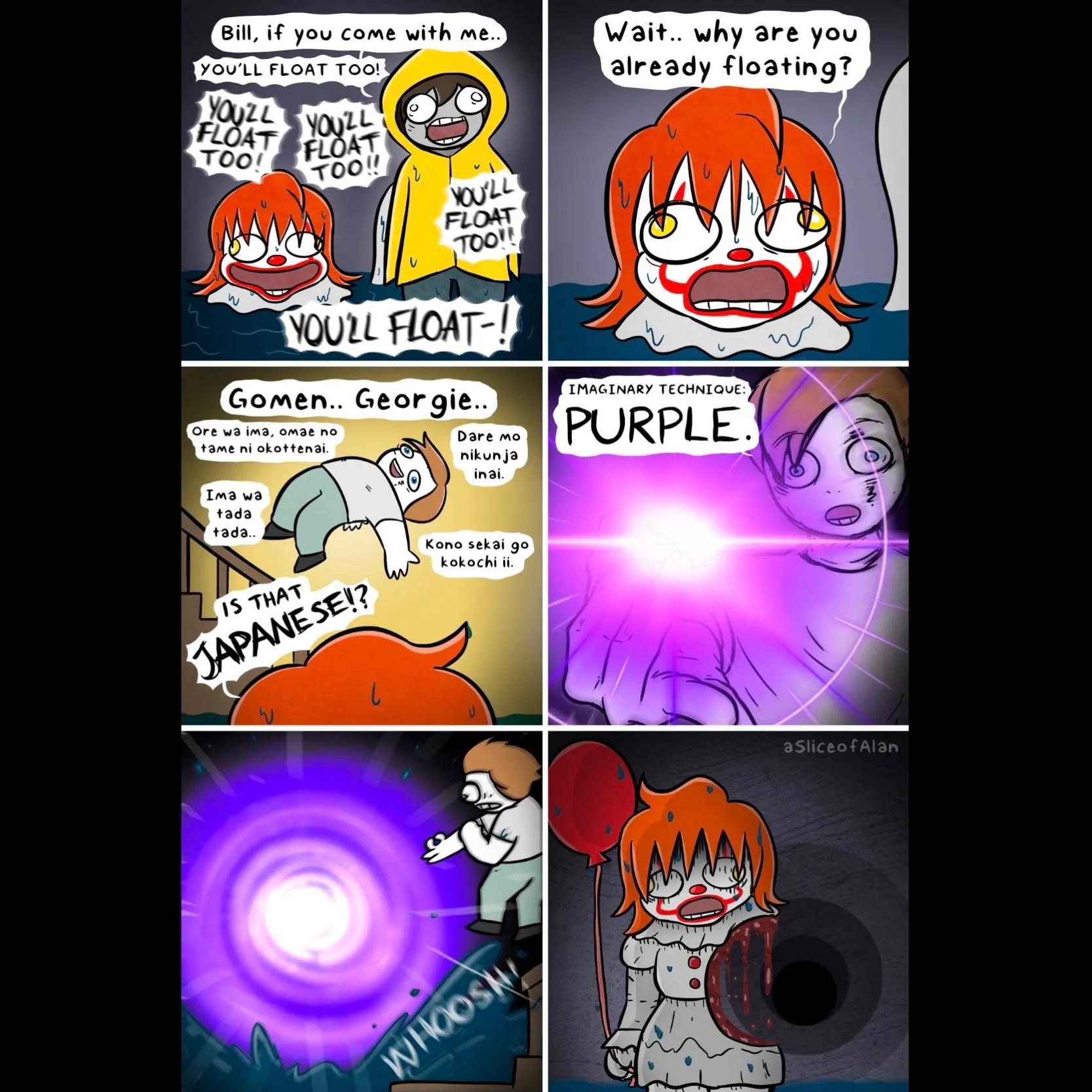 A multi-panel comic parodying a horror clown scene and an anime-style purple energy attack.
