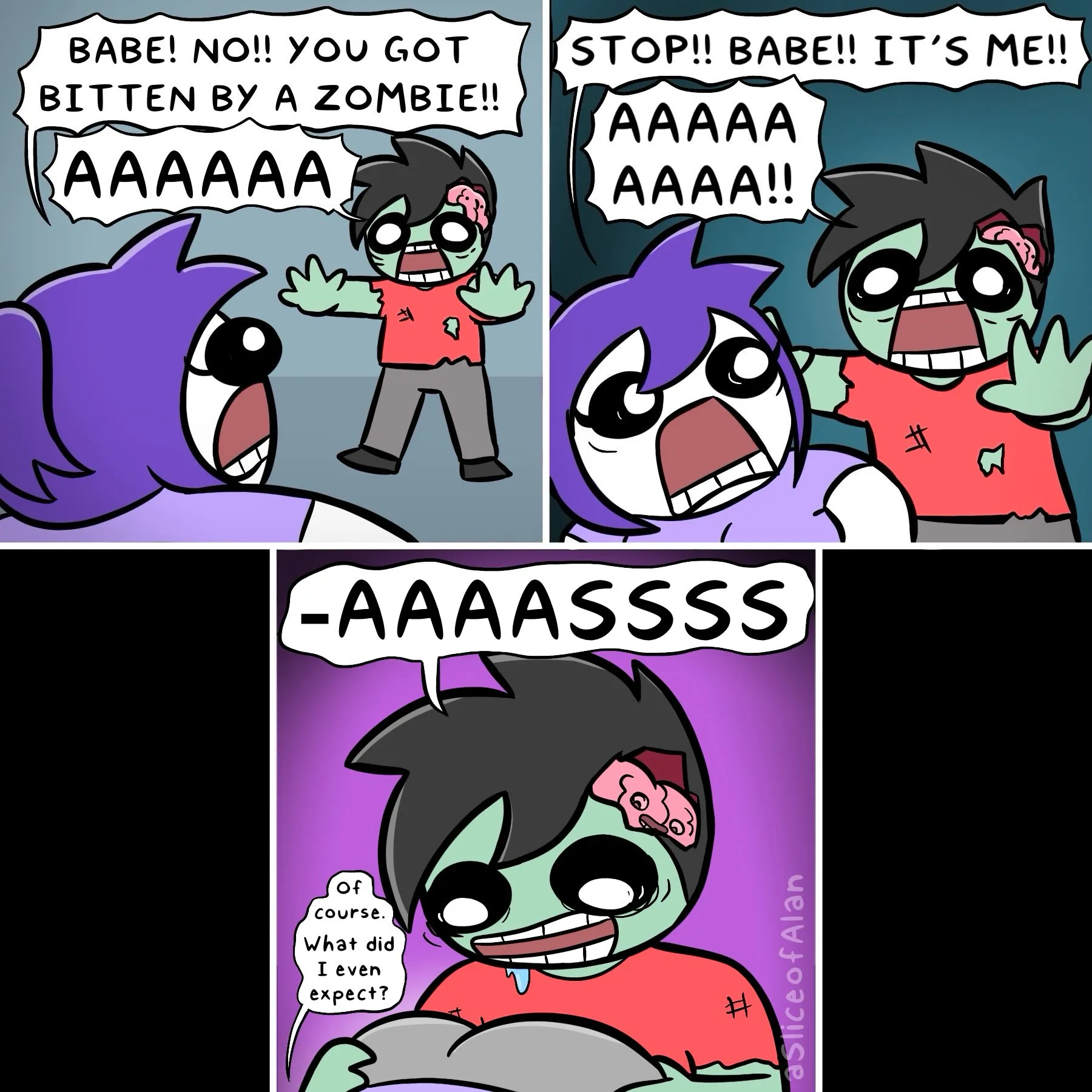 A purple-haired character panics when her black-haired partner appears as a green-faced zombie with a bite wound and exposed brain.
