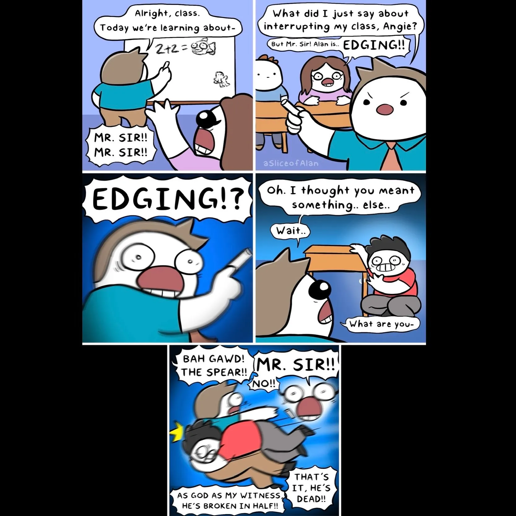 A teacher's lesson is interrupted by a student shouting about edging, leading to a startled classroom misunderstanding and wrestling parody.