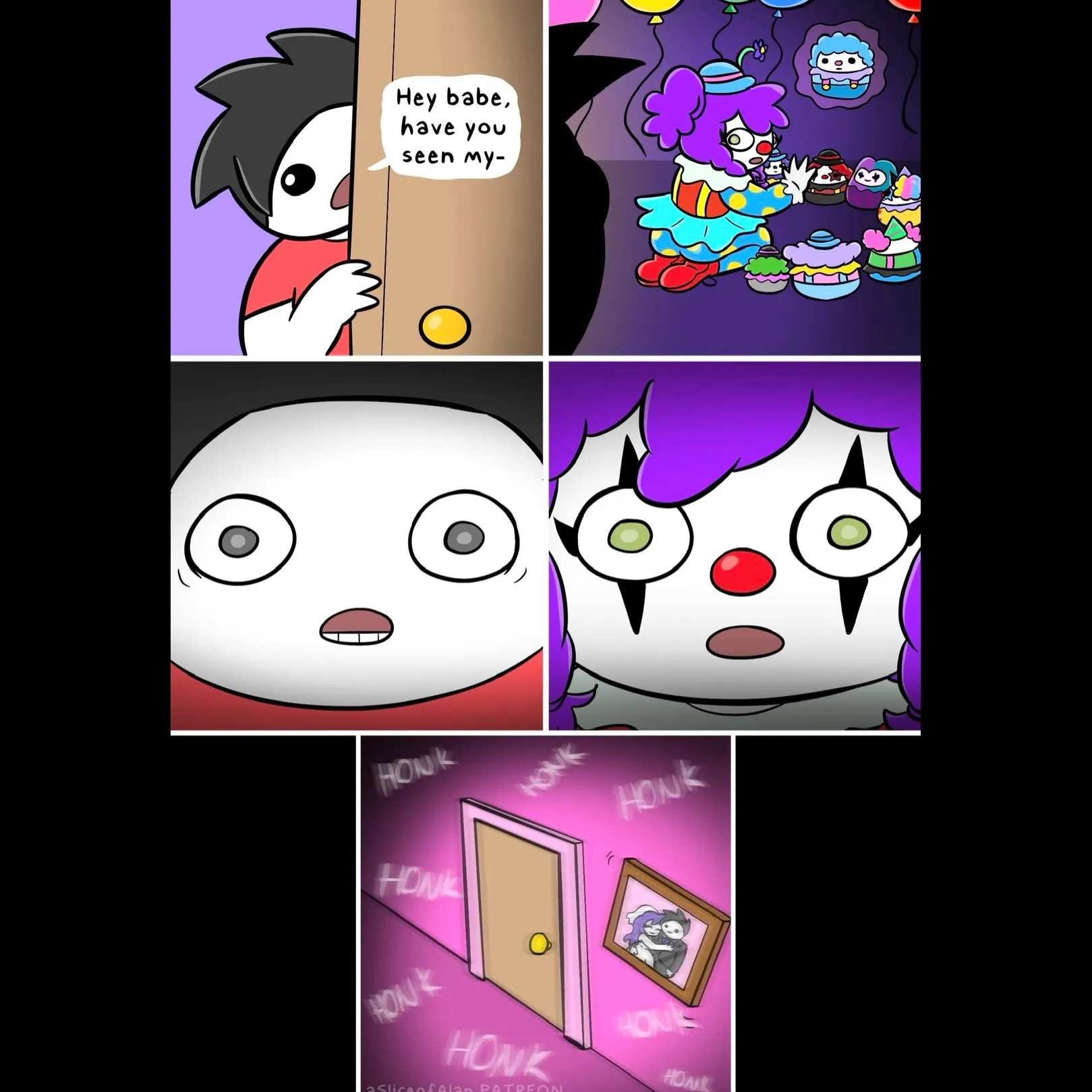 A black-haired cartoon man opens a door into a colorful party-like room, setting up a costume-themed surprise.