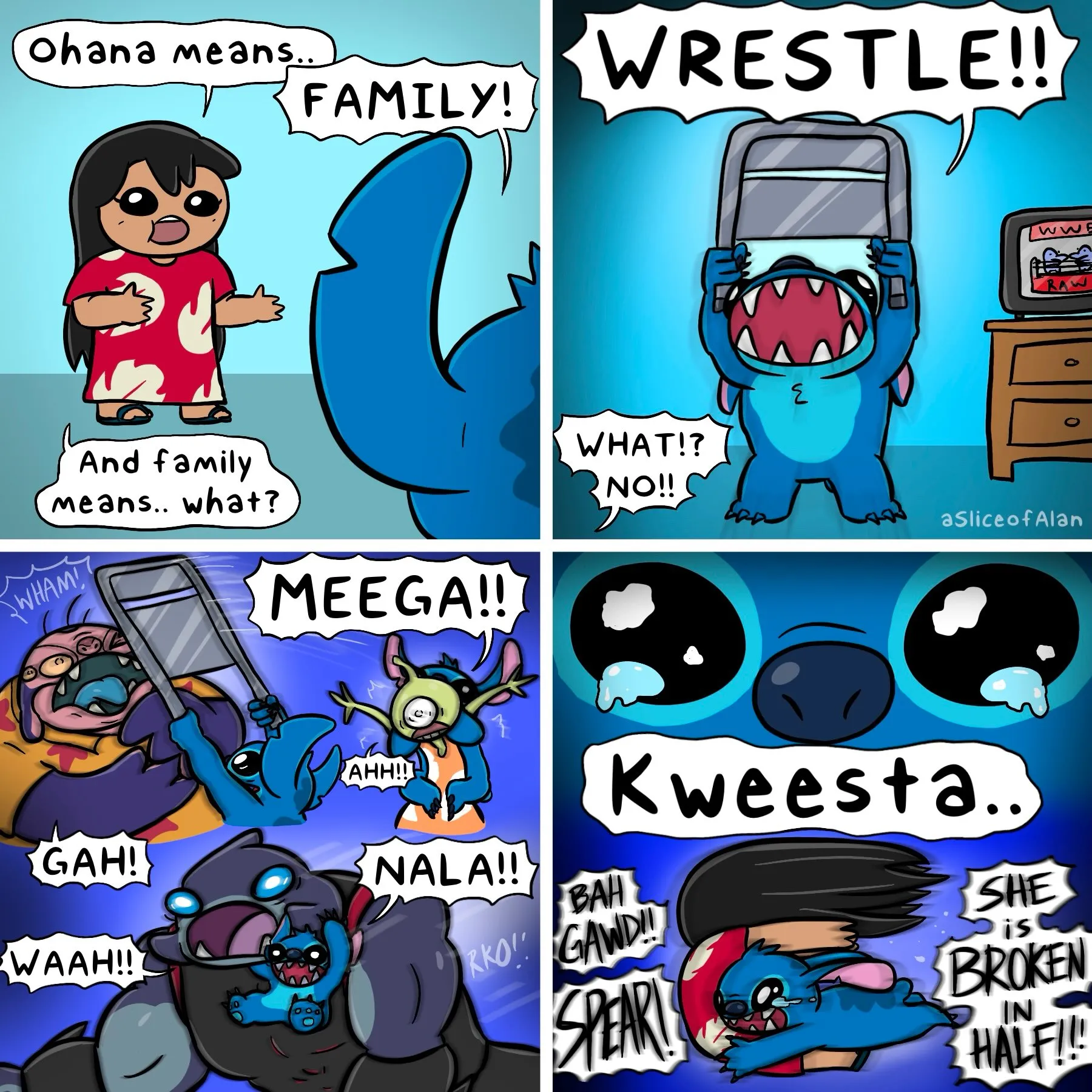 A blue alien character turns a lesson about family into an over-the-top wrestling match with exaggerated cartoon action.