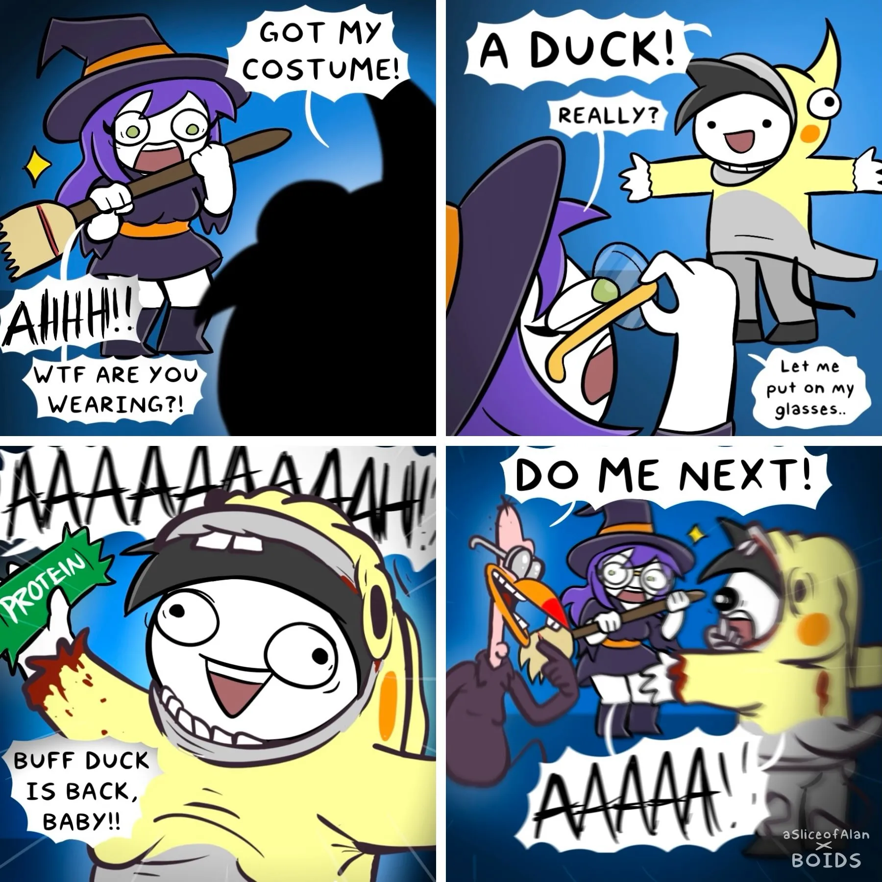 A purple-haired witch is surprised by a person in a duck costume, which becomes a muscular buff duck in an escalating parody.