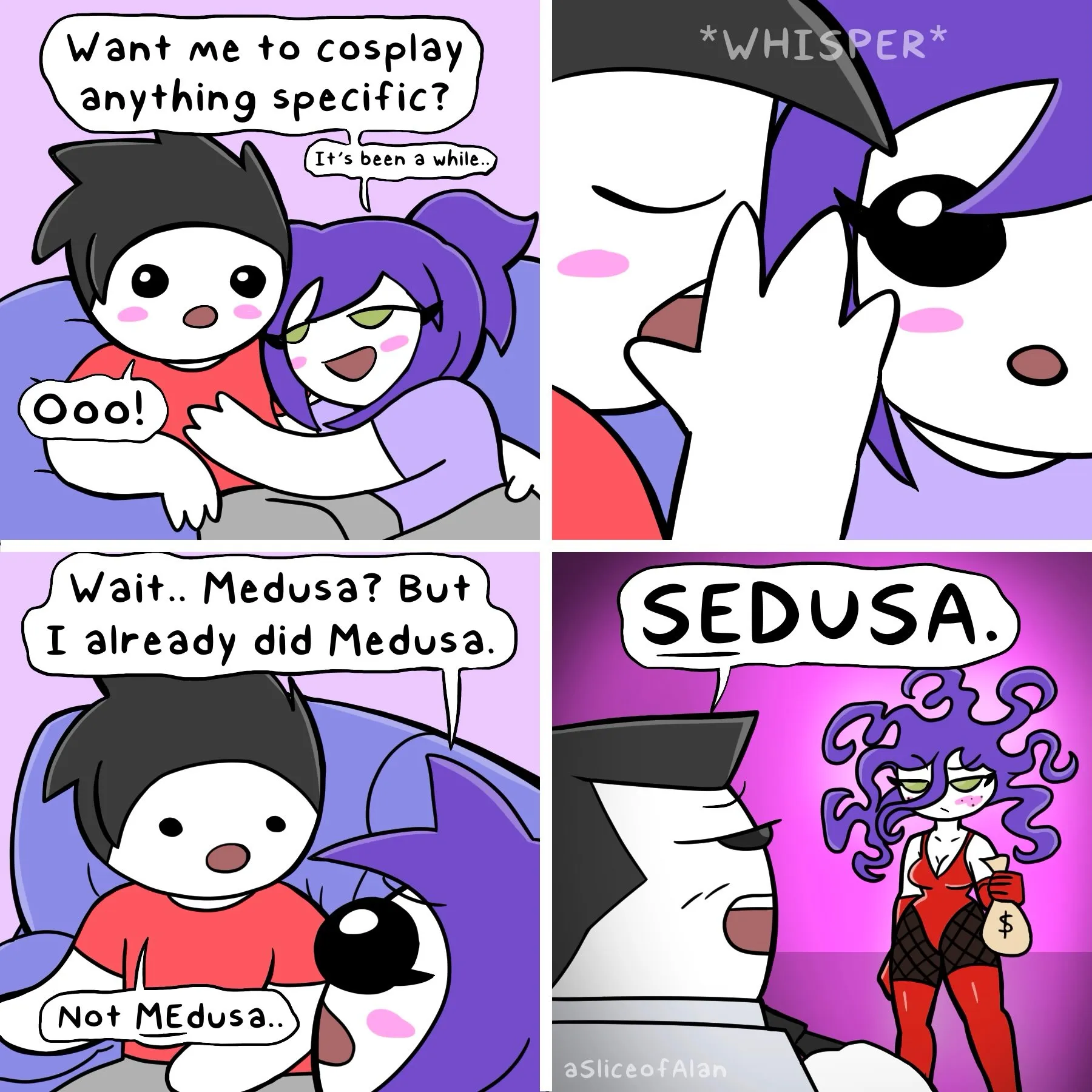 A couple discusses cosplay before the woman appears as Medusa, turning an innocent costume request into a cheeky punchline.