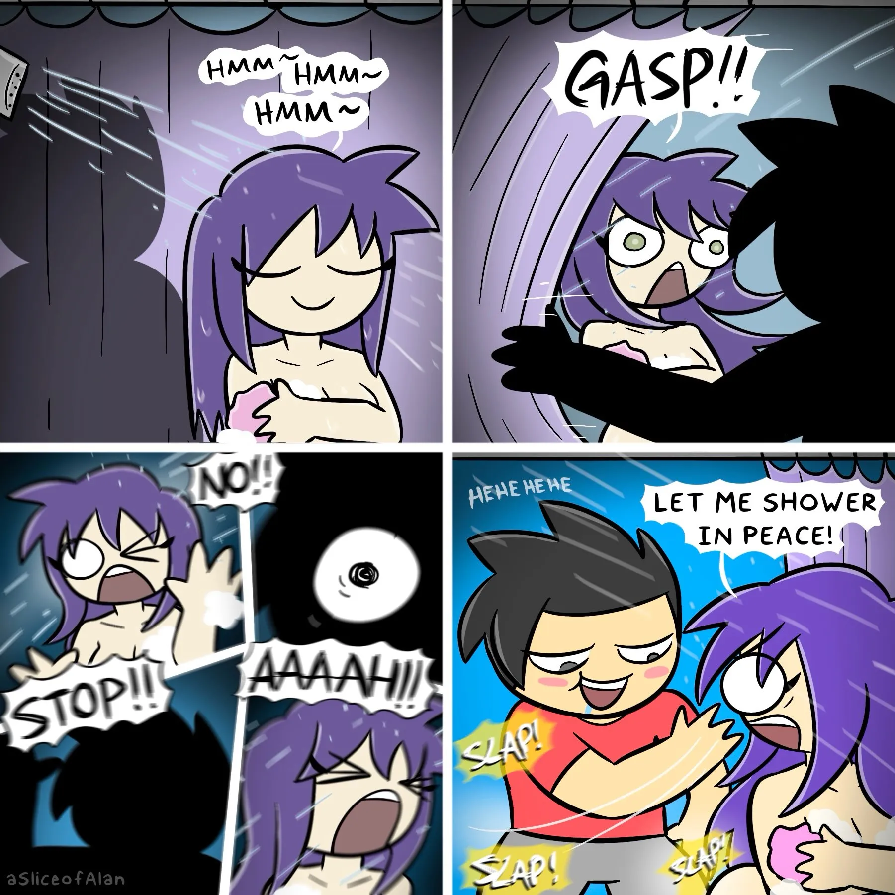 A purple-haired character tries to shower in peace while a black-haired partner causes a startled reaction and a slapstick scolding.