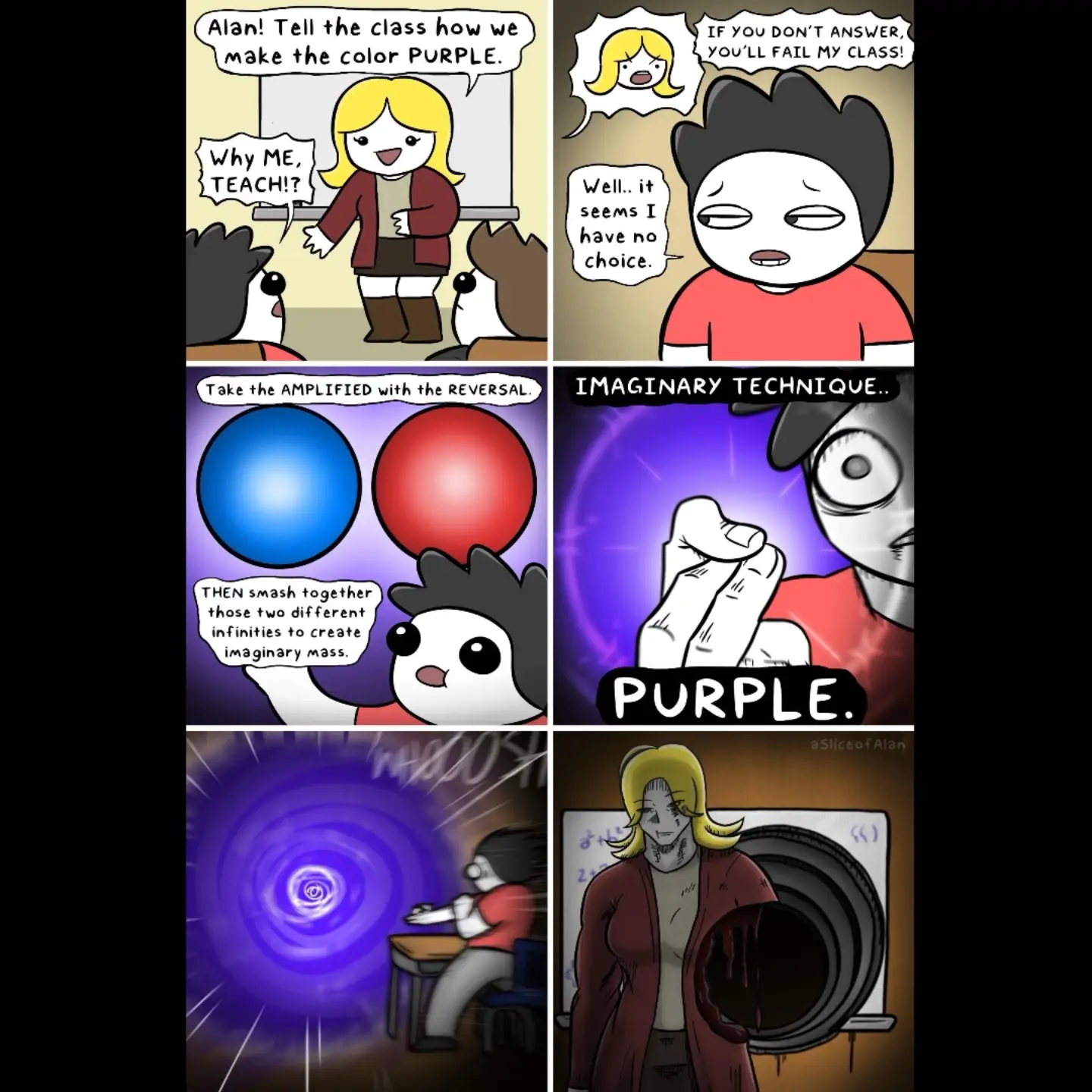 A classroom explanation of mixing red and blue becomes an anime-inspired imaginary technique called Purple, followed by an exaggerated energy blast.