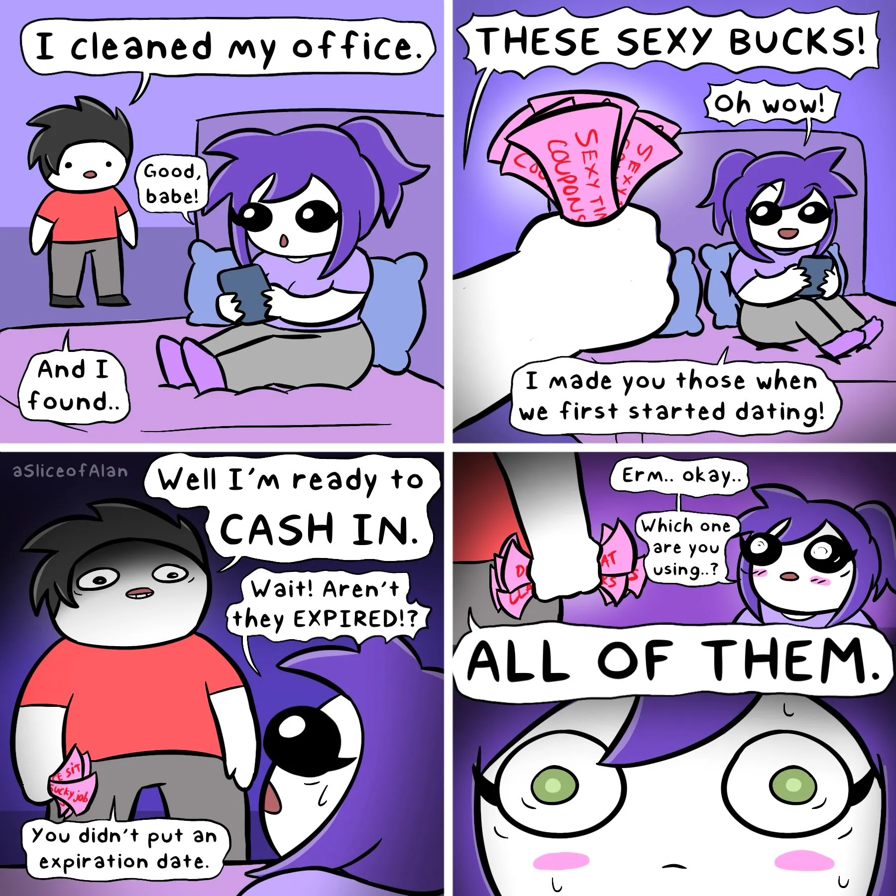 A couple jokes about money found while cleaning an office, revealing handmade novelty bills saved from the start of their relationship.