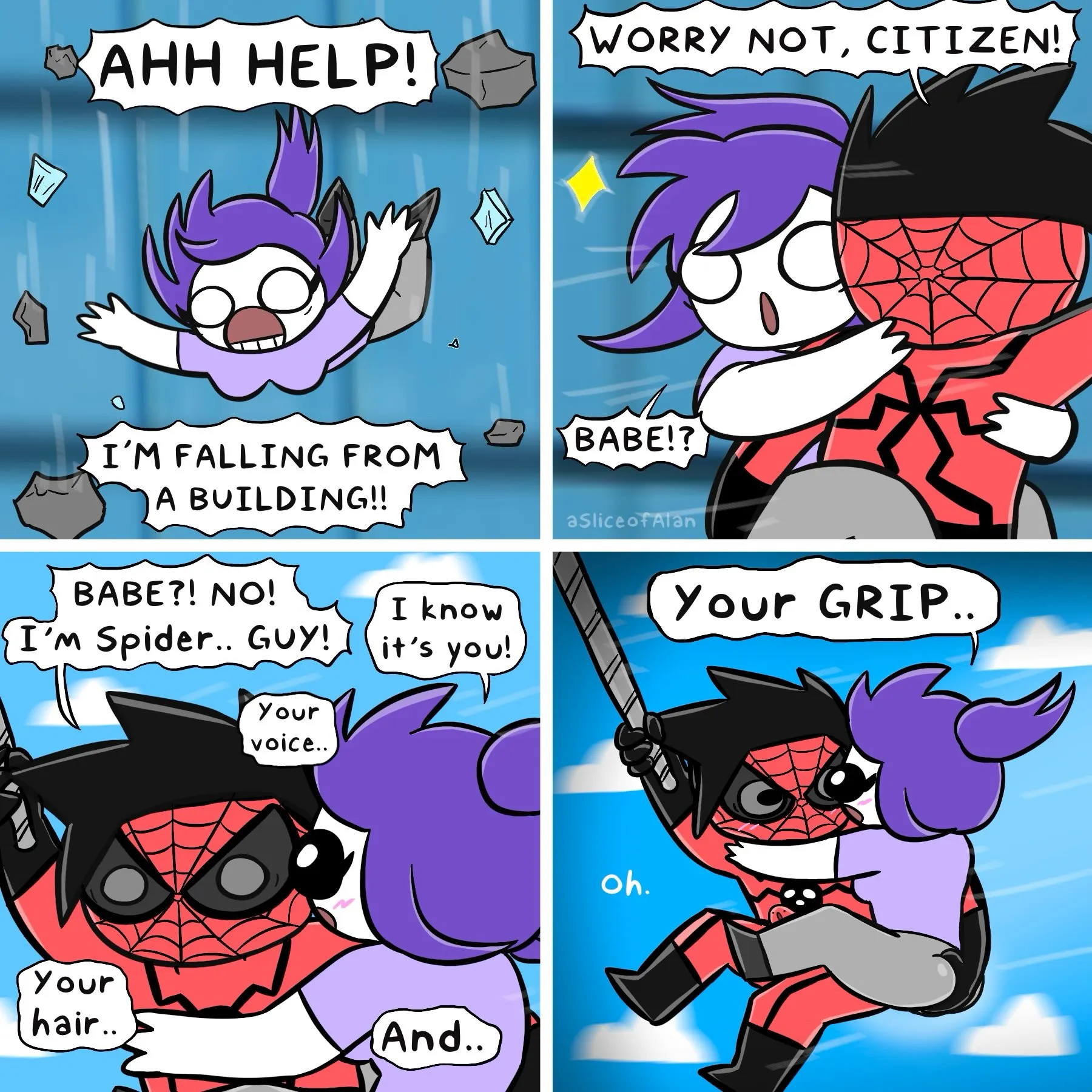 A purple-haired character falls from a building and is caught by a masked Spider-Man-like hero whose hair gives away his identity.