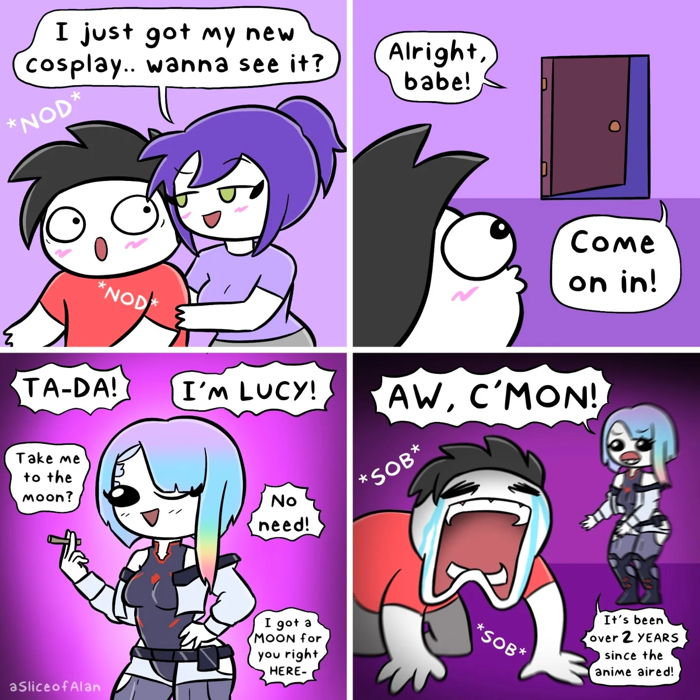 A couple anticipates a new cosplay reveal, but the final panel swaps a romantic fantasy for a comedic anime character reveal.