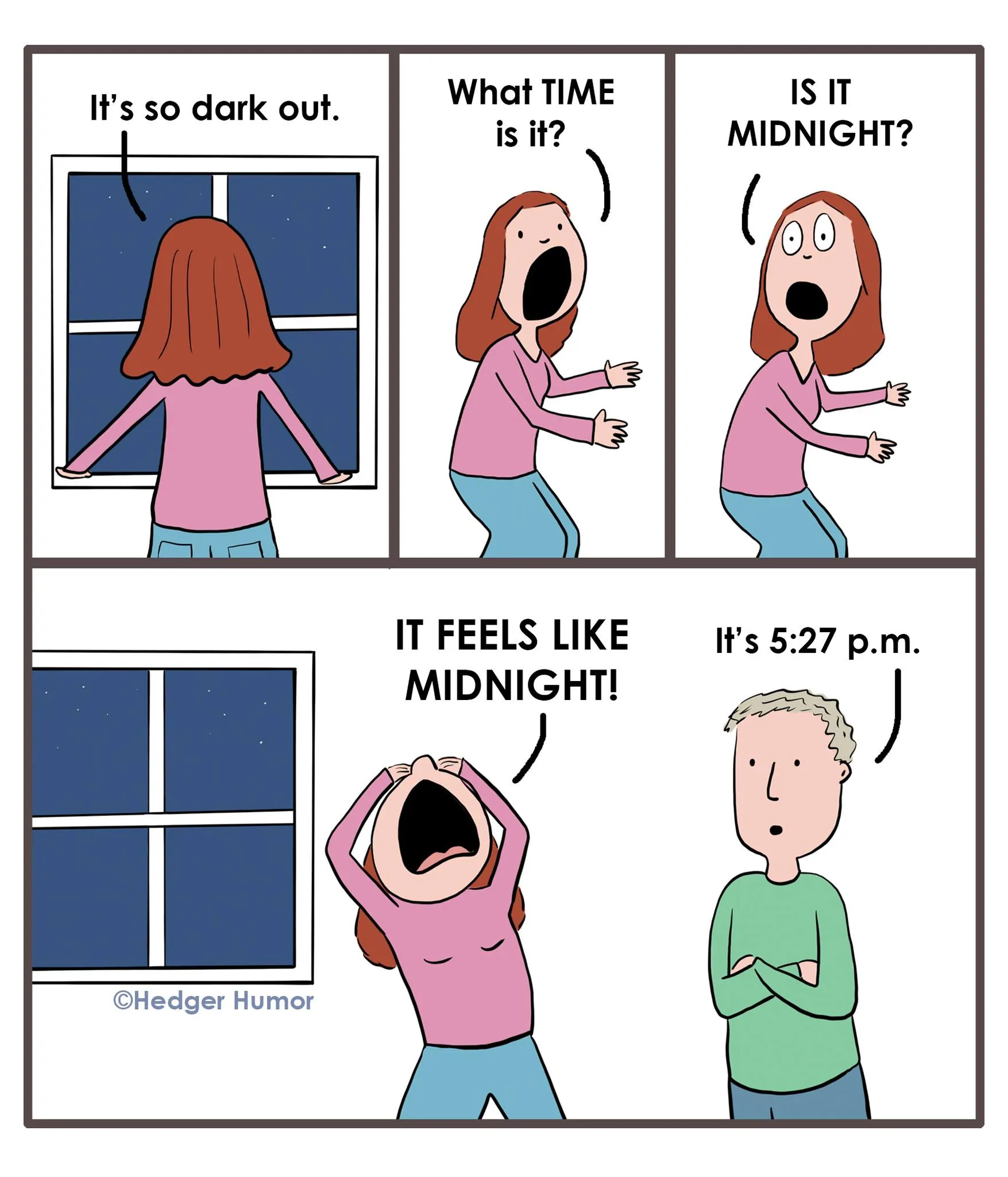 A woman in a pink top looks out a dark, starry window, asks whether it is midnight, and is told it is 5:27 p.m.