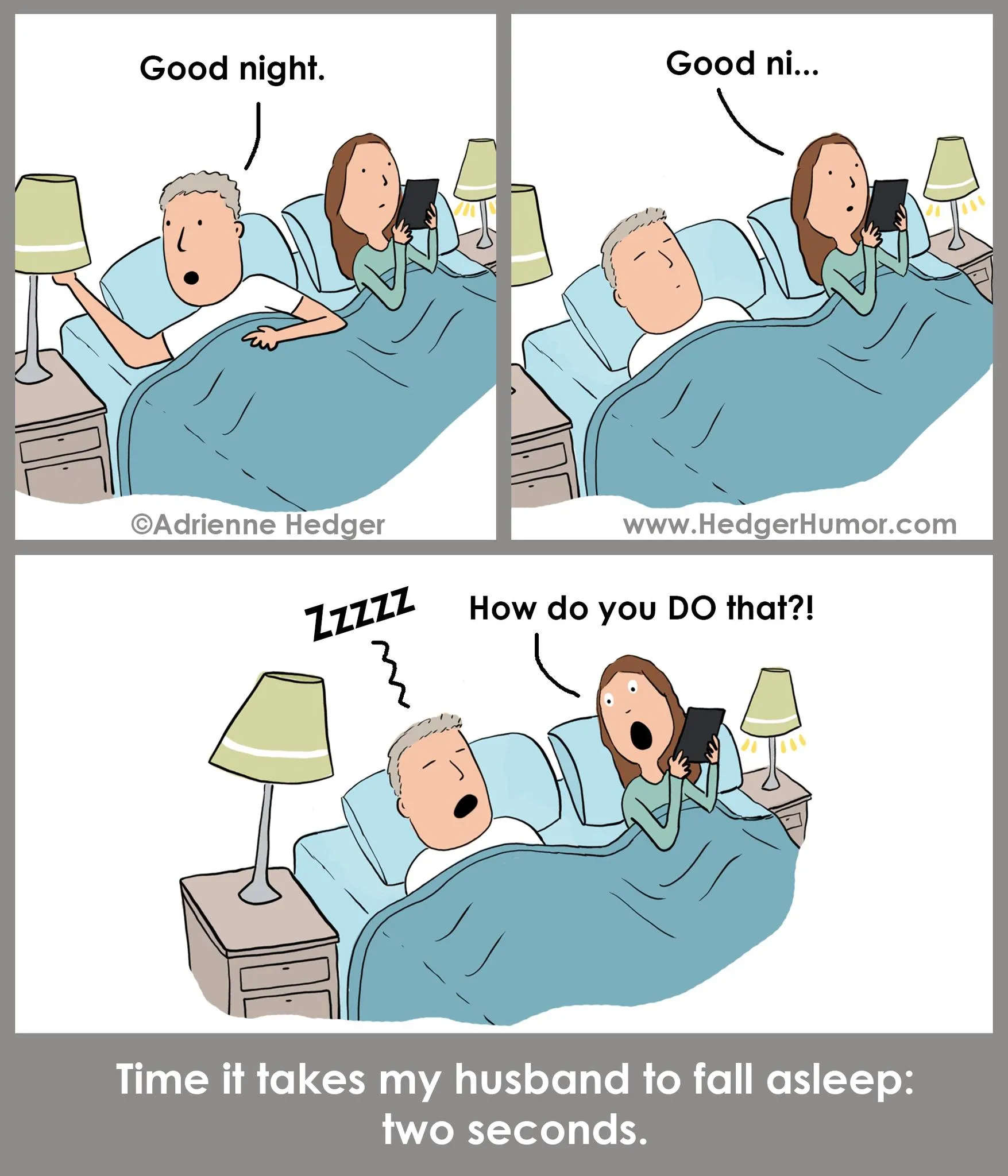 A woman says good night while using her phone, and her husband falls asleep almost instantly.