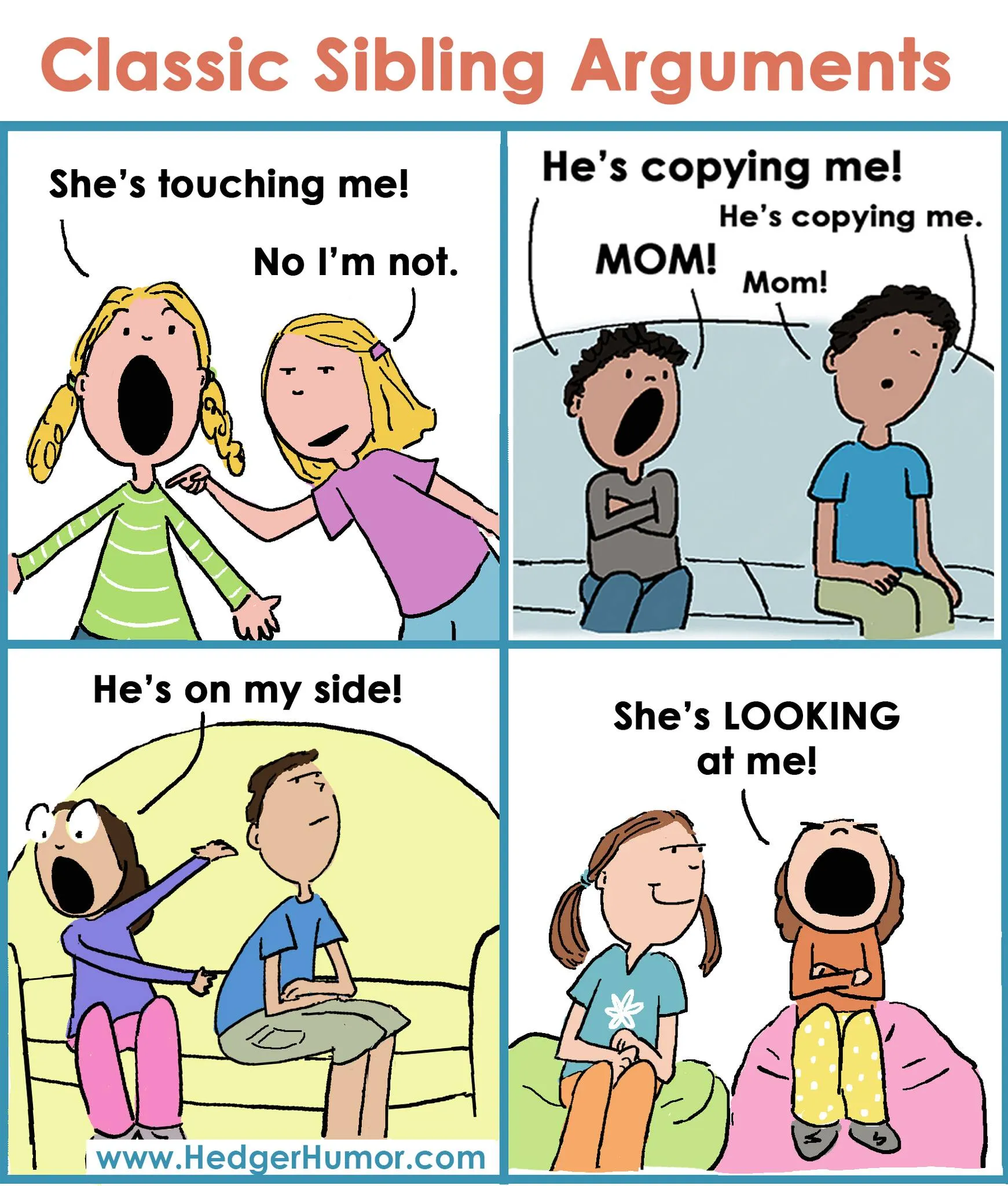 Four comic panels show siblings arguing about touching, copying, taking sides, and being looked at.