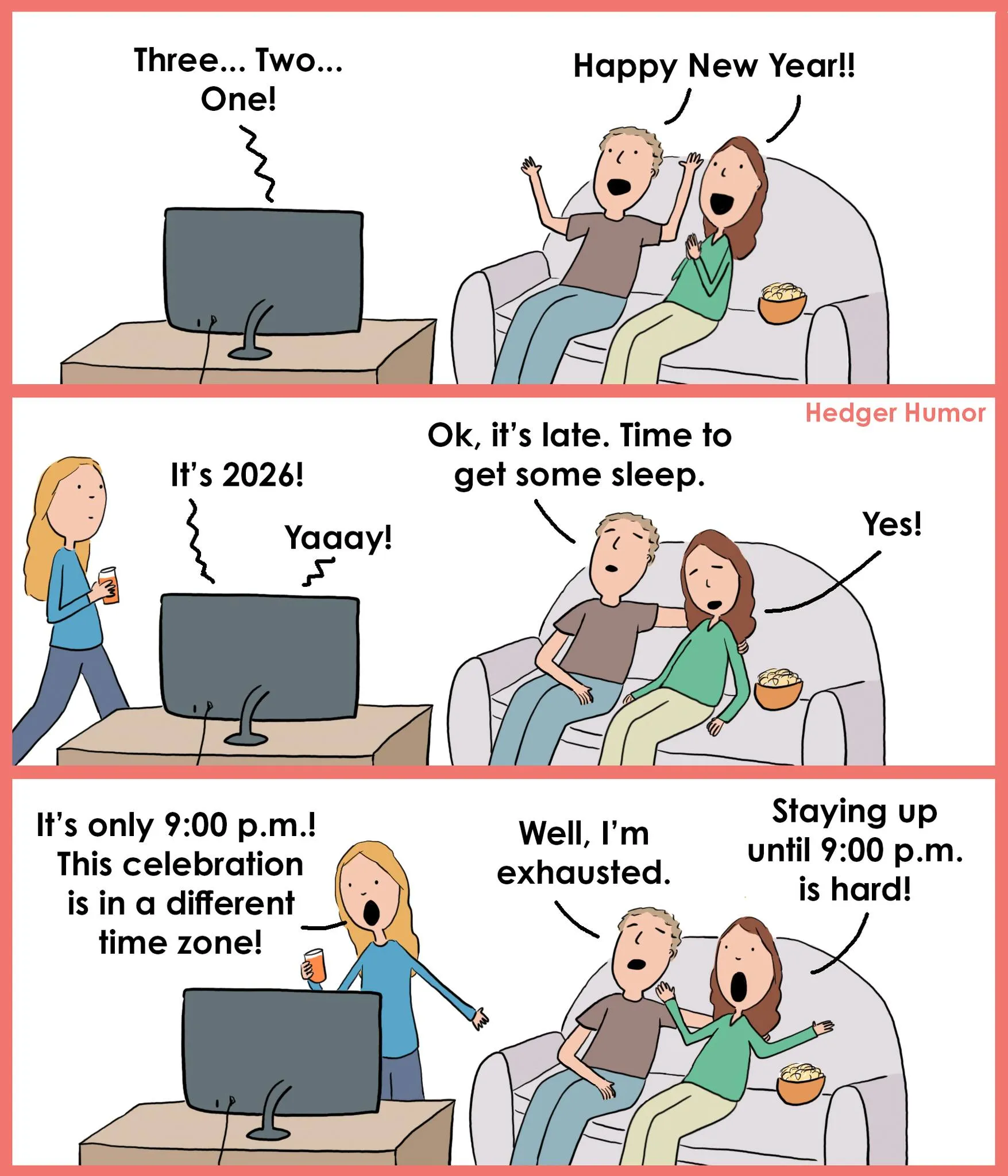 A family cheers for the new year, then admits exhaustion and struggles to stay awake until 9 p.m.