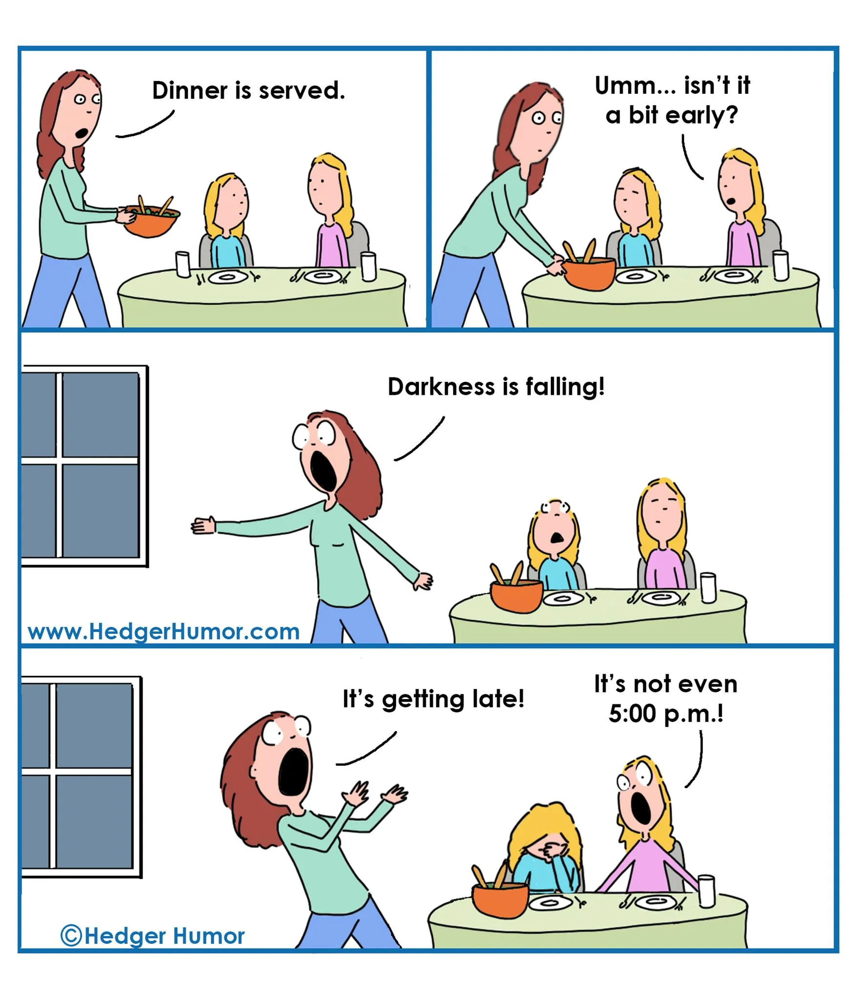 A mother serves dinner as darkness falls, while her children point out that it is not even 5 p.m.