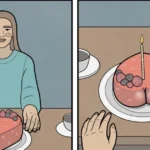 20 Anton Gudim ‘Yes, But’ Comics Expose Everyday Irony Two-panel Yes, But comic shows a woman smiling behind a heart-shaped birthday cake, then a close-up view of the cake from the diner's perspective.