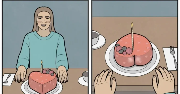 Two-panel Yes, But comic shows a woman smiling behind a heart-shaped birthday cake, then a close-up view of the cake from the diner's perspective.