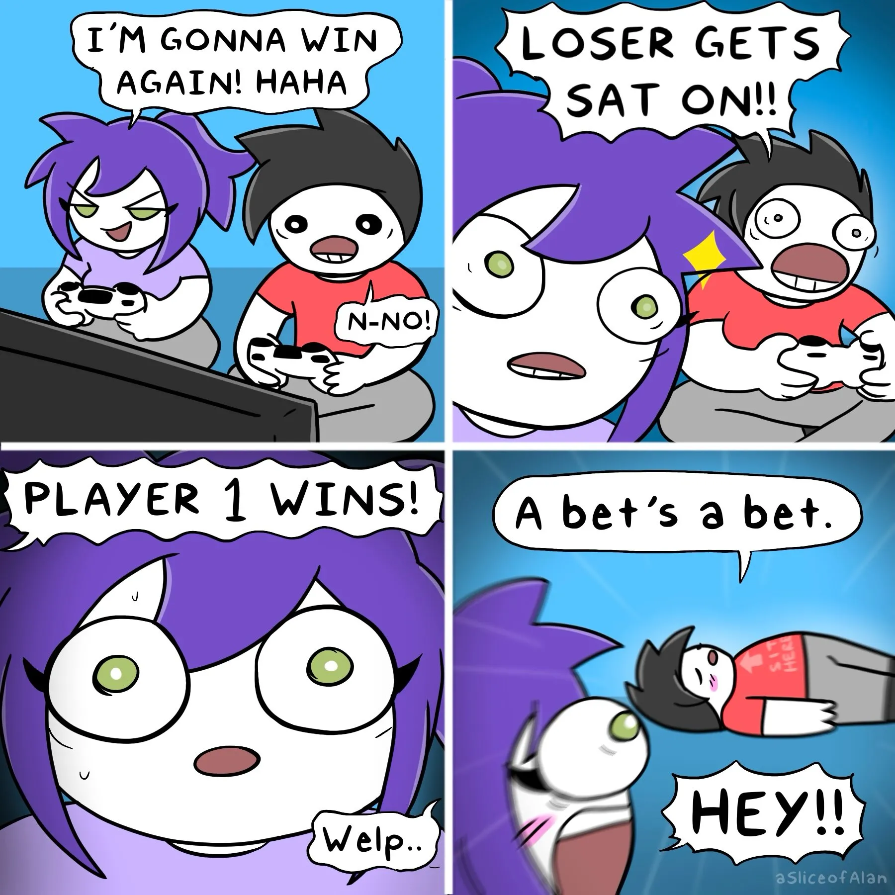 A purple-haired gamer wins a video-game bet against a black-haired player, who reluctantly lies down after the loss.