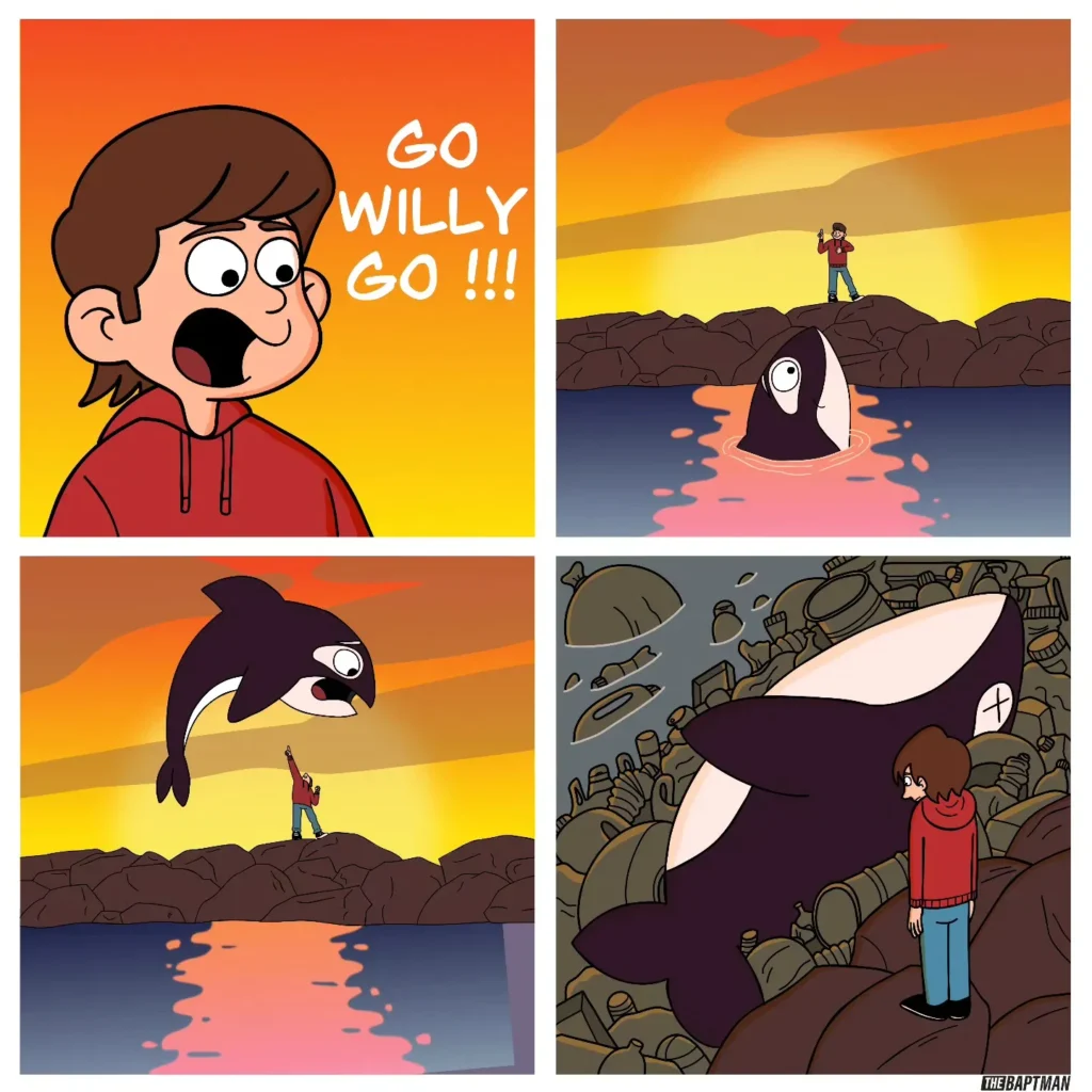 A boy in a red hoodie cheers for a whale at sunset before the whale is shown dead among piles of discarded trash.