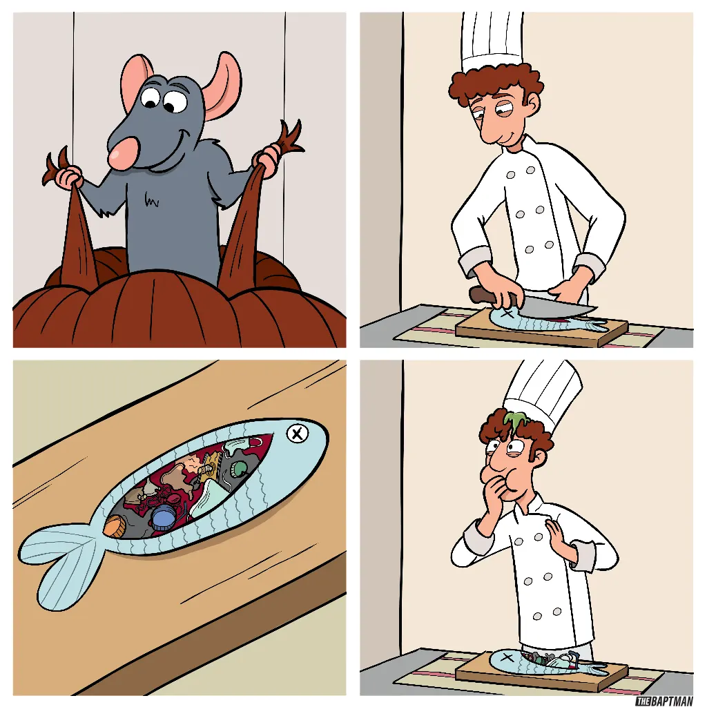 A rat emerges from a pumpkin while a chef cuts open a fish filled with discarded objects and recoils from the result.