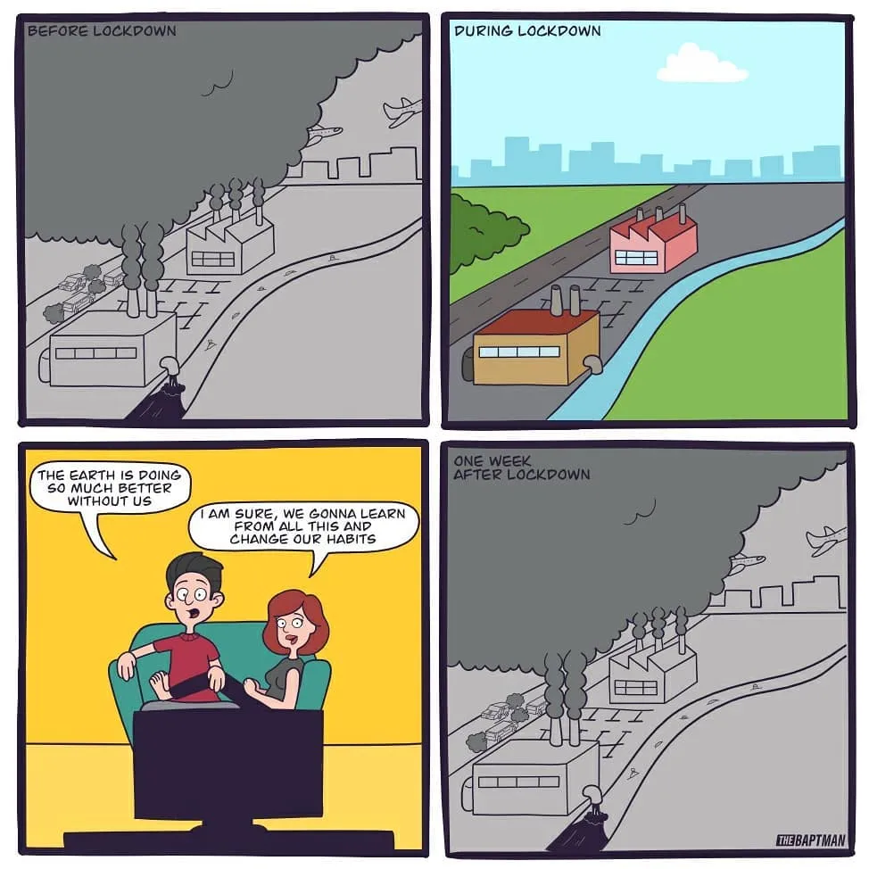 A four-panel cartoon contrasts smoke-filled factories before lockdown with clearer skies during lockdown, followed by pollution returning.
