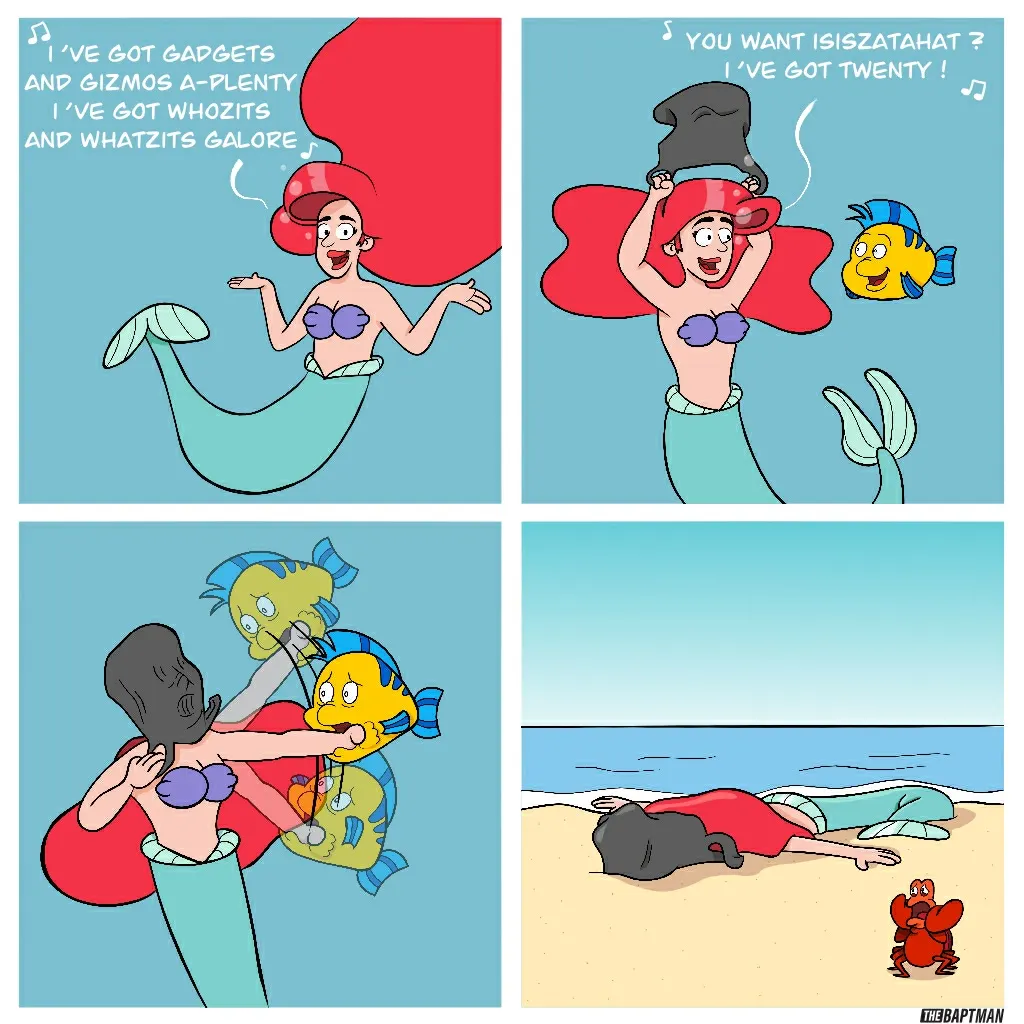 A red-haired mermaid sings underwater beside a yellow fish before a dark object hits her and the story ends with her on the beach.