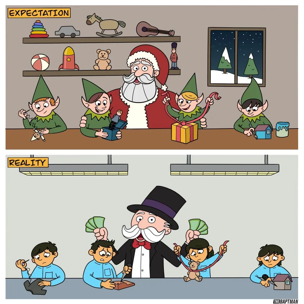 Santa and elves make toys in a cheerful workshop, contrasted with children working at a table while a mustached boss holds money.