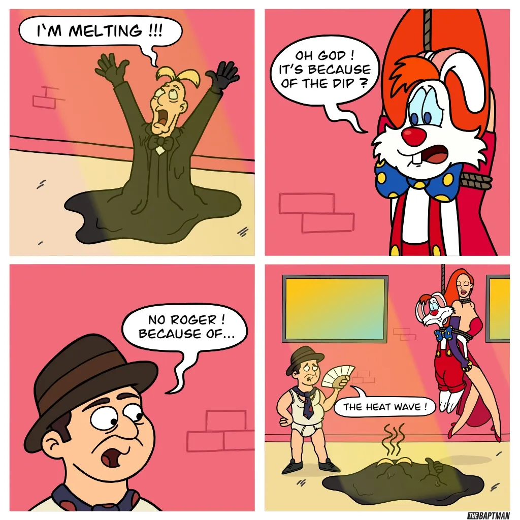 A man melts into a dark puddle with his hands raised while two other characters debate what caused it and point to a heat wave.
