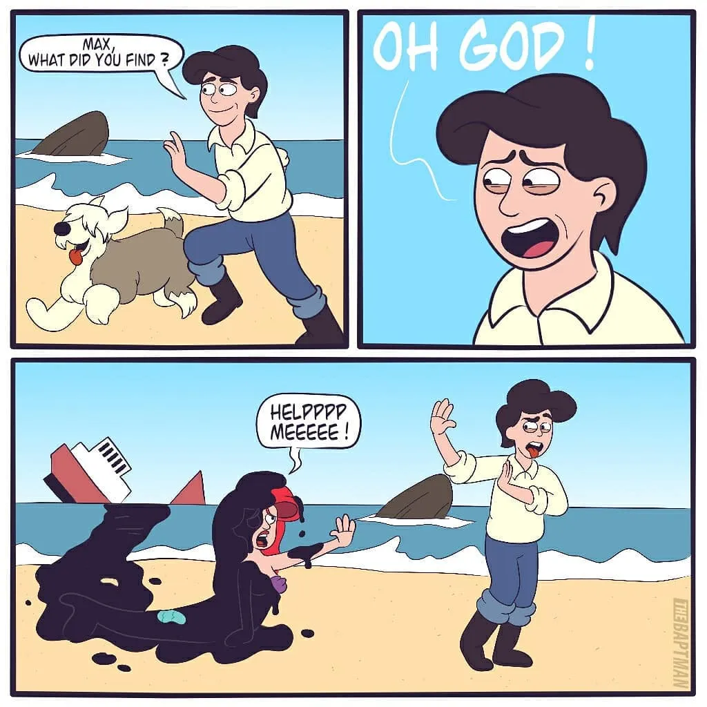 A young man on a beach reacts in alarm to a dark oil-covered mermaid near a shipwreck while his dog stands nearby.