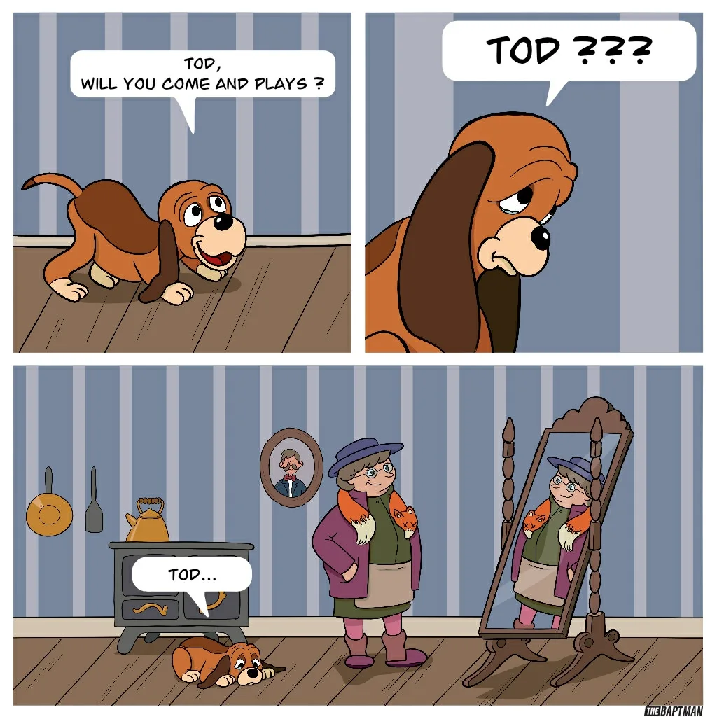 A brown dog asks Tod to play, then looks dejected in a room where an older woman stands beside a mirror.