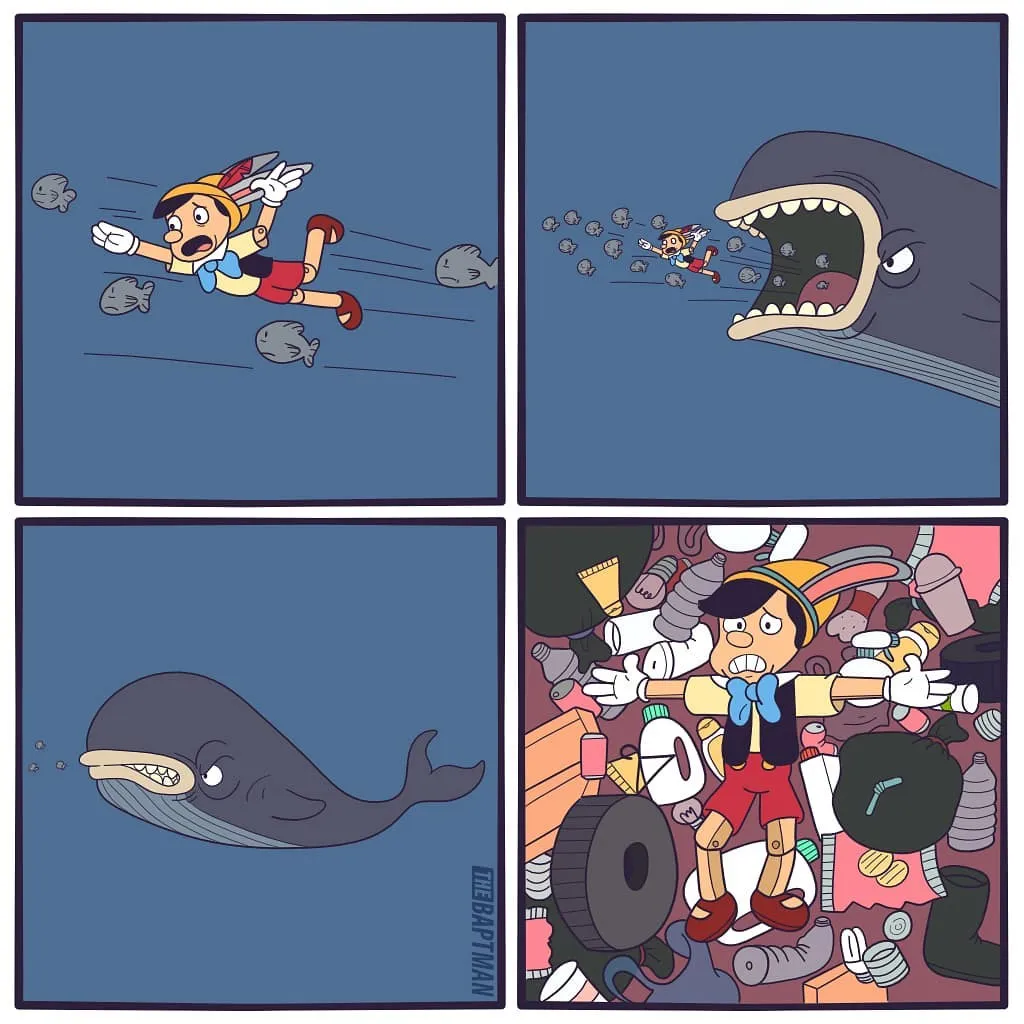 A small boy in a yellow hat swims among fish, is swallowed by a giant whale, and ends surrounded by discarded objects inside it.