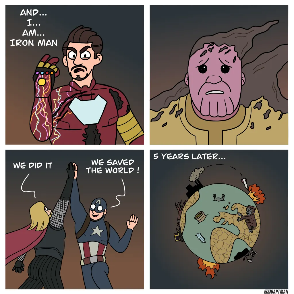 Iron Man and fellow heroes celebrate saving the world, followed by a view of Earth damaged and surrounded by pollution five years later.