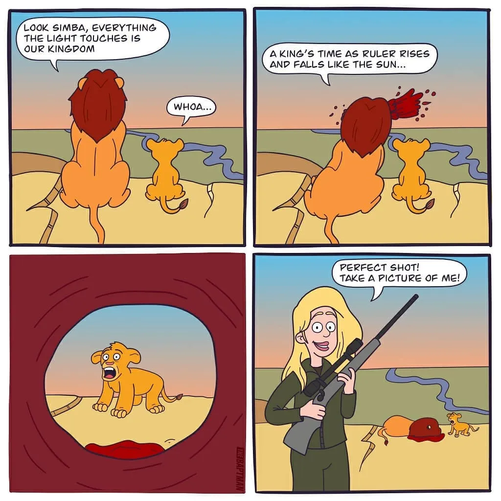 A lion and cub look across the savanna before a hunter aims a rifle and later poses with it beside the fallen lion.