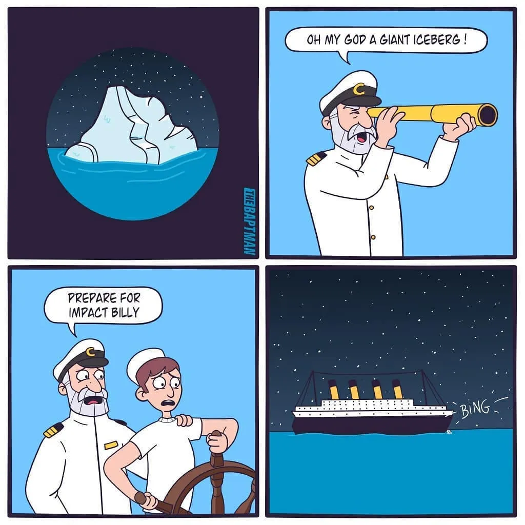 A ship captain spots a giant iceberg, orders a crew member to prepare for impact, and a final panel shows the Titanic with a tiny “BING” sound.