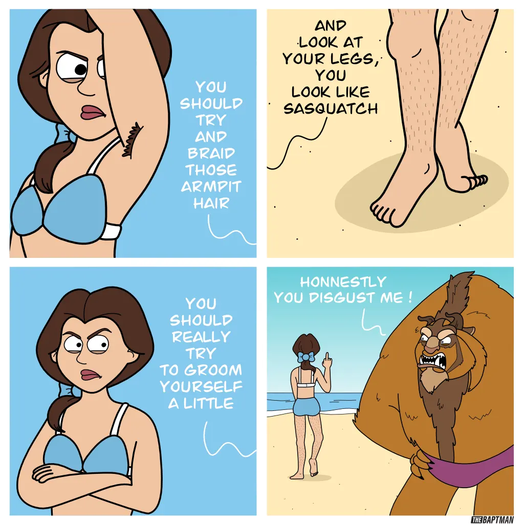 A woman criticizes body hair and grooming in two panels, then a shaggy Bigfoot-like character turns to complain about her on the beach.