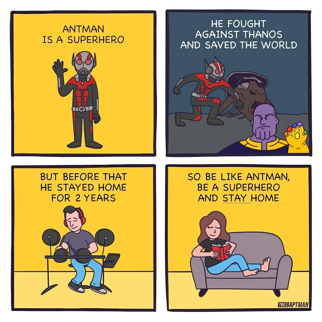 A four-panel Ant-Man parody shows the superhero, his battle with Thanos, a man exercising at home, and a woman reading on a couch.