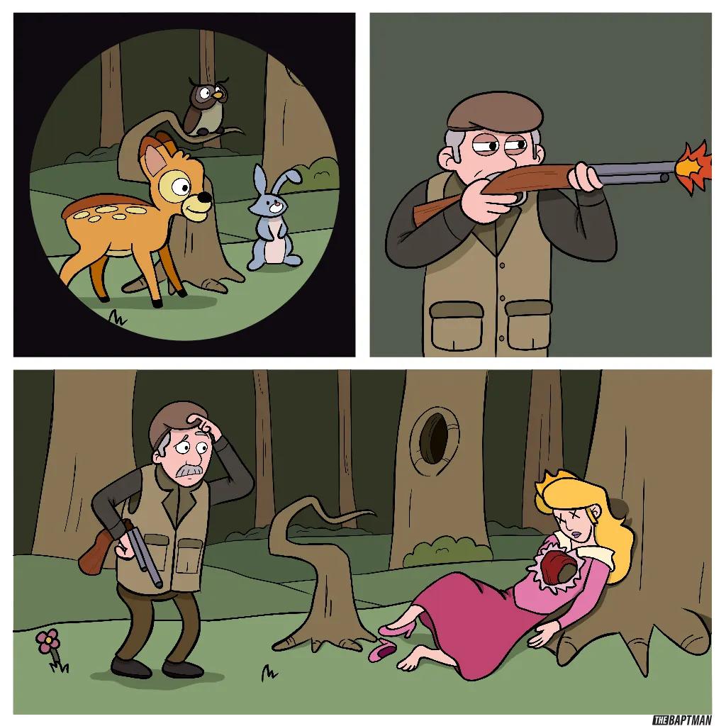 A hunter with a rifle moves through a forest before finding a blonde woman in a pink dress lying beneath a tree.